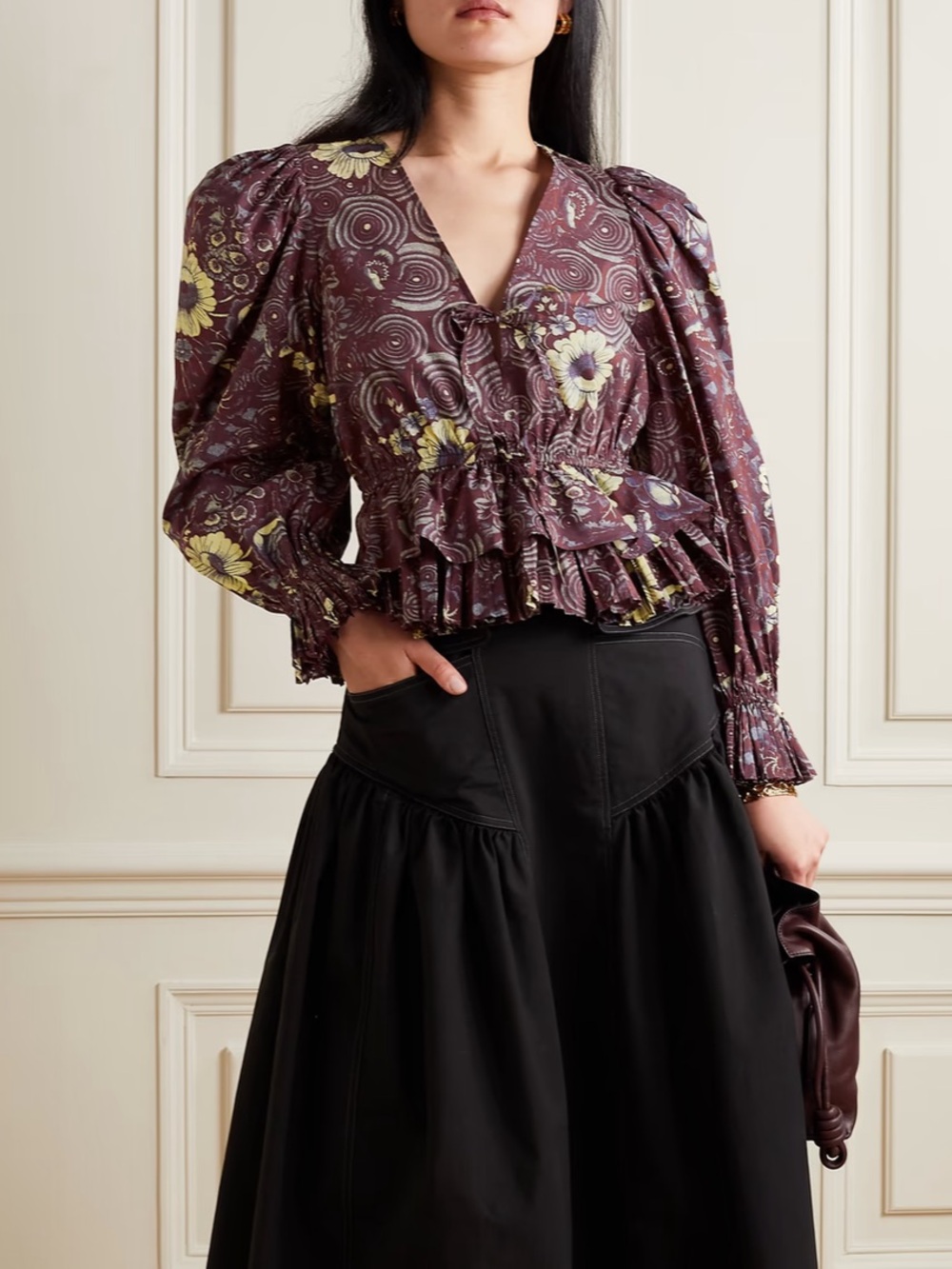 Ulla Johnson Ren ruffled printed cotton blouse Wine Floral Tie-Front 12